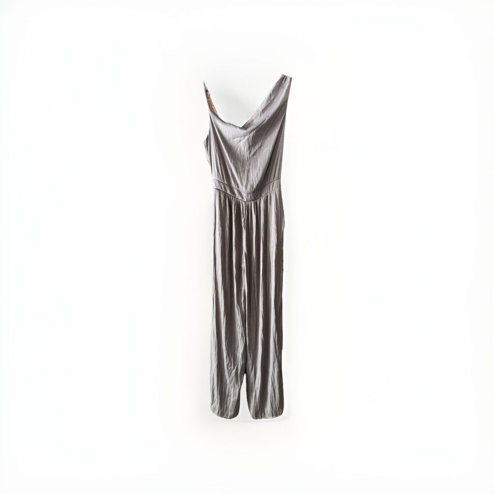 By Together One Shoulder Asymmetric Jumpsuit Brown Satin Size S Wide Leg  NWT